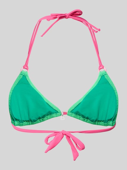 Produktfoto, Bikini-Oberteil mit Label-Detail Modell 'BRARO' von Banana Moon in Grün mit pinkem Schnürverschluss, Material-Mix mit Stretch-Anteil, körpernaher Schnitt, Neckholder