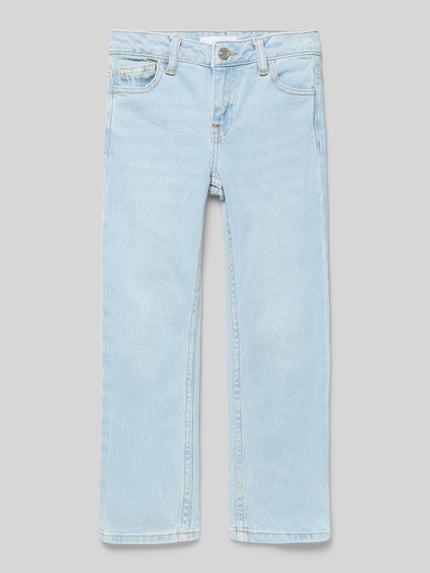Produktfoto, Jeans mit 5-Pocket-Design von Mango aus Baumwoll-Elasthan-Mix in Hellblau, gerader Schnitt, sichtbare Nähte, glatte Textur.