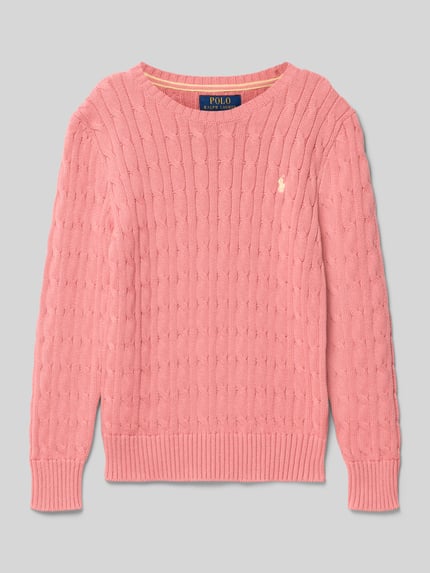 Produktfoto, Regular Fit Pullover aus reiner Baumwolle von Polo Ralph Lauren Teens w kolorze różowym, ścieg warkoczowy, wyhaftowane logo, okrągły dekolt, długi rękaw, prążkowane wykończenia, dzianina, czysta bawełna