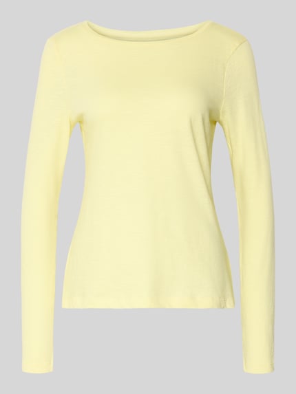 Produktfoto, Regular Fit Langarmshirt aus Bio-Baumwoll-Mix von Tom Tailor für Damen in gelber Melange-Optik, U-Boot-Ausschnitt, glatte Textur.