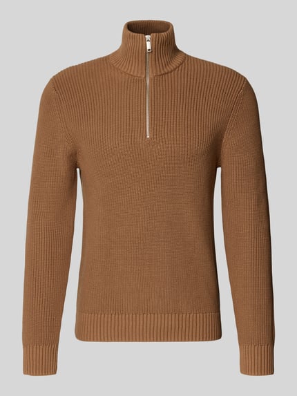 Produktfoto, Slim Fit Strickpullover aus reiner Baumwolle mit Troyer-Kragen von MCNEAL in bruin met ribboorden, langemouwen, puur katoen, slim fit, schipperskraag, heren, ruglengte maat M 72 cm, mouwlengte maat M 74 cm