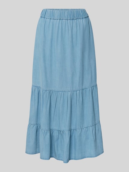 Produktfoto, Midirock aus Lyocell-Mix in Denim-Optik von Christian Berg Woman, A-Linie mit Raffungen, elastischer Bund, hellblaue Textur