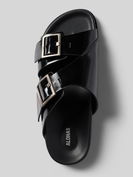 Productfoto, sandaaltjes van echt leer model 'Alba' van ALOHAS in zwart met brede riempjes en doornsluiting, comfortmodel, hakhoogte bij maat 40: 2 cm