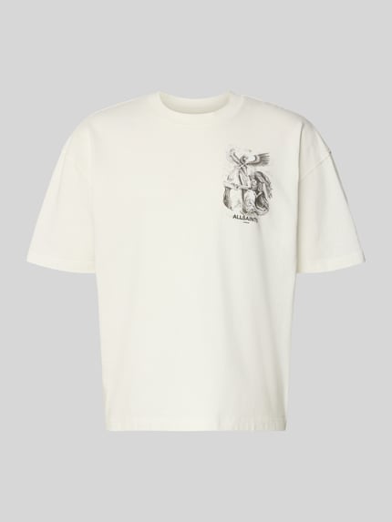 Produktfoto, weißes Relaxed Fit T-Shirt aus reiner Baumwolle Modell 'SERAPH' von AllSaints mit Motiv-Print vorn, Rückenlänge 65 cm in Größe M