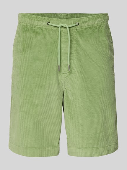Produktfoto, Regular Fit Sweatshorts aus Baumwoll-Mix Modell 'JACE' von SELECTED HOMME in Grün, Cordstruktur, unifarben, sichtbarer Tunnelzug.