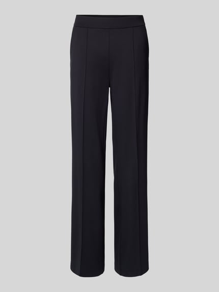 Produktfoto, czarne spodnie materiałowe Regular Fit Stoffhose mit Viskose-Anteil Modell 'Ava' von Cambio, elastyczny miks wiskozy, szerokie nogawki, przeszycia ozdobne, kieszenie z tyłu, elastyczny pas, Szerokość w rozmiarze 36: 39 cm, długość nogawki od wewnątrz w rozmiarze 36: 82 cm