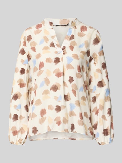 Produktfoto, Regular Fit Bluse aus reiner Viskose Modell 'Hilga' von ZABAIONE im abstrakten Muster, cremefarben mit Braun- und Blautönen, Tunika-Kragen, langärmeliges Design, elastische Ärmelabschlüsse, Rückenlänge bei Größe S 62 cm, Ärmellänge 60 cm.