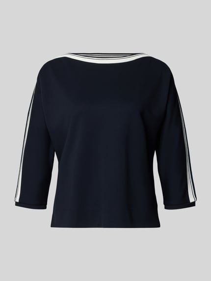 Produktfoto, Relaxed Fit Pullover aus Viskose-Mix Modell 'Kelva' von Someday in Dunkelblau mit weißen Streifen, gerader Ausschnitt, Halbarm, elastische Ärmelabschlüsse, Rückenlänge 51 cm bei Größe 36, glatte Textur