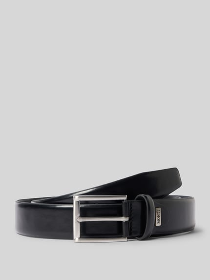 Productfoto, zwarte leren herenriem met metalen gesp, label-detail, klassieke pasvorm, 3 cm breed, Gürtel mit Label-Detail Modell 'LONDON' van Monti.