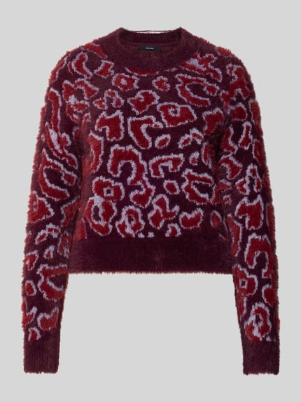VERO MODA Sweter z dzianiny o kroju regular fit ze wzorem na całej powierzchni model ‘JUNGLE’ Bordowy 2