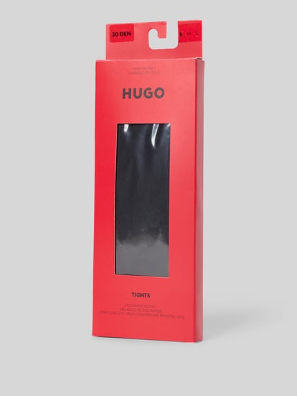 Produktfoto, Strumpfhosen mit Label Intarsie Modell 'TH HEART' von HUGO, jednokolorowy, 30 DEN, aplikacja: intarsja, paski w kontrastowym kolorze, elastyczny ściągacz, made in Italy