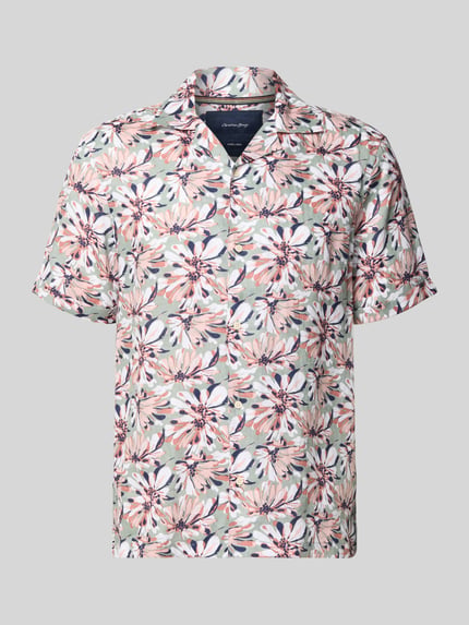 Produktfoto, Regular Fit Freizeithemd aus reinen Leinen von Christian Berg Men mit floralem Allover-Print in Rosa, Weiß und Grün, Kurzarm, Reverskragen, Knopfleiste, strukturierte Leinenoberfläche
