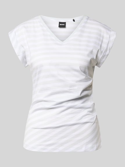 Produktfoto, Slim Fit T-Shirt aus reiner Baumwolle Modell 'EVKA' von BOSS, jednokolorowy, krój slim fit, wzór w paski, marszczenie, dekolt w serek, krótki rękaw z brzegiem, drobne prążkowanie, wykonanie z bawełny