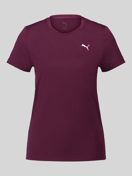 Produktfoto, T-Shirt mit Label-Stitching und Rundhalsausschnitt von PUMA in dunklem Rot, reine Baumwolle, Regular Fit, strukturierte Oberfläche