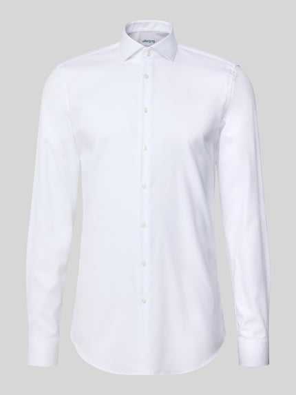 Produktfoto, Slim Fit Businesshemd mit extra langem Arm von Jake*s aus reiner Baumwolle, weiß, Kentkragen, Knopfleiste, glatte Struktur