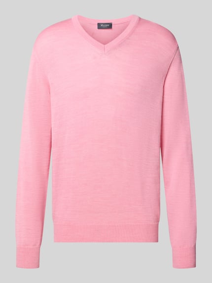 Produktfoto, Regular Fit Strickpullover aus reiner Schurwolle von MAERZ Muenchen, różowy, prążkowane wykończenia, czysta żywa wełna, dekolt w serek, krój regular fit, długość tyłu w rozmiarze 50: 67 cm, długość rękawów w rozmiarze 50: 67 cm