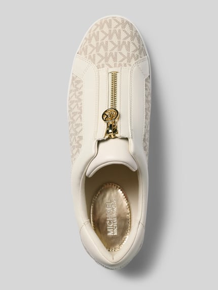 Produktfoto, sneakersy z zamkiem błyskawicznym Model 'Keaton' od MICHAEL Michael Kors, nadruk z logo na całej powierzchni, gładka podeszwa, krój zaokrąglony, wysokość obcasa w rozmiarze 40: 3 cm, wysokość cholewki w rozmiarze 40: 7 cm, szerokość w rozmiarze 40: 9 cm