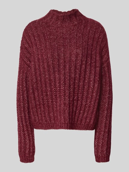 Produktfoto, Boxy Fit Strickpullover aus Baumwoll-Mix mit Woll-Alpaka-Anteil Modell 'Safineyny' von HUGO, Damen Pullover, meliertes Dunkelrot, grobe Rippstruktur, Rückansicht.
