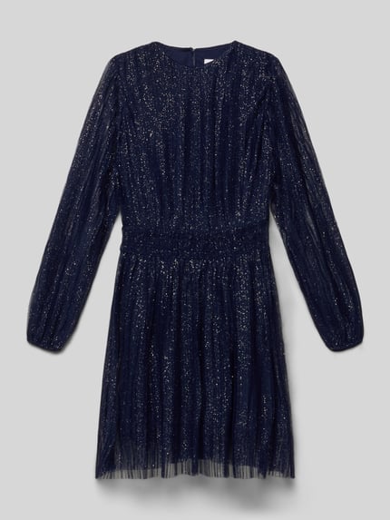 Produktfoto, Knielanges Kleid mit Rundhalsausschnitt von DANAMADE, granatowy kolor, krój taliowany, długość do kolan, detale smok, dekolt z wycięciem na plecach, rękawy 61 cm w rozmiarze 140, długość pleców 81 cm, delikatna połyskująca tekstura.