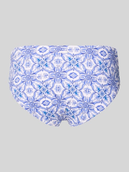 Produktfoto, Slim Fit Bikini-Hose mit floralem Allover-Print Modell 'Muri' von JOOP! Collection, blaue Muster auf weißem Stoff, elastischer Material-Mix