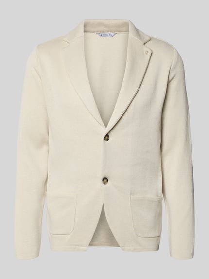 Produktfoto, Slim Fit 2-Knopf-Sakko mit Reverskragen von Manuel Ritz aus reiner Baumwolle in Beige, aufgesetzte Taschen, glatte Textur.