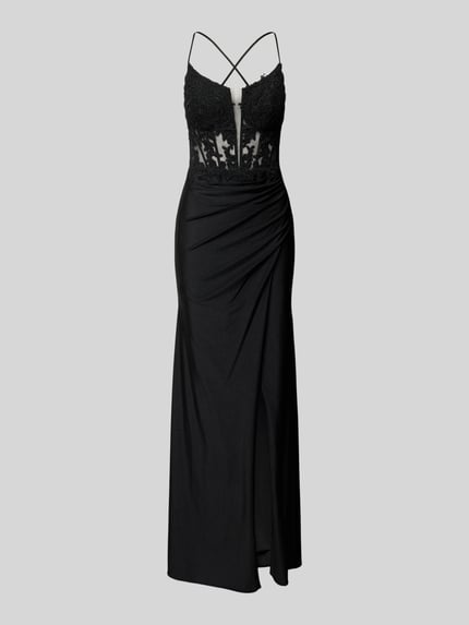Produktfoto, semitransparentes Abendkleid mit Spitzenbesatz von Hey Kyla in Schwarz, figurbetonter Satin, Maxilänge, Corsagenstil, Spaghettiträger