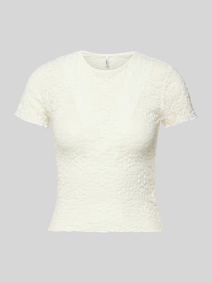 Produktfoto, Slim Fit T-Shirt aus Spitze Modell 'FAITH' von Only, Optik: Unifarben, Spitzen-Muster, Rundhals, Kurzarm, Frill-Abschlüsse, Materialverarbeitung: Spitze