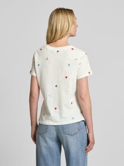 ICHI T-shirt z prążkowanym, okrągłym dekoltem model ‘OLYA’ Złamany biały 5