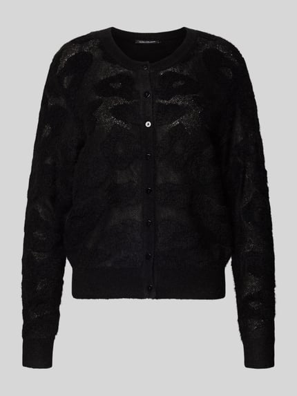 Produktfoto, Strickjacke mit Knopfleiste von Luisa Cerano aus Material-Mix mit Lyocell-Anteil, Regular-Fit, schwarze Farbe, gerippte Abschlüsse, Rundhalsausschnitt, Rückenlänge 47 cm, Ärmellänge 60 cm, dezente Struktur und feine Textur.