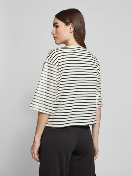 Marella T-shirt z cekinowym obszyciem model ‘GARDONE’ Złamany biały 5