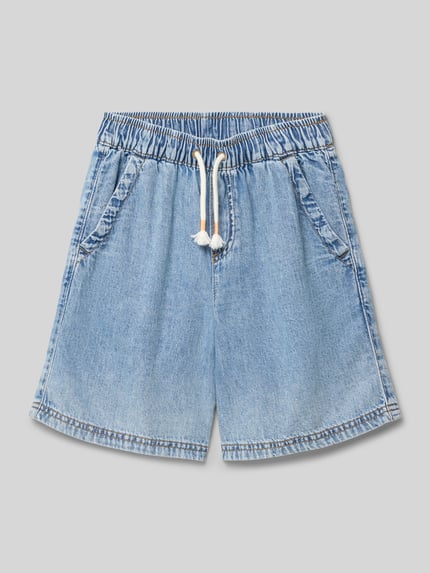 Produktfoto, Loose Fit Jeansshorts aus reiner Baumwolle von s.Oliver RED LABEL, hellblaue Denim-Optik, elastischer Bund mit Tunnelzug, seitliche Eingrifftaschen, Gesäßtasche, glatte Baumwolltextur