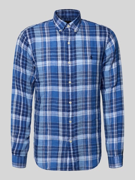 Produktfoto, Regular Fit Freizeithemd aus reinem Leinen von Polo Ralph Lauren in Blau mit Allover-Karomuster, Button-Down-Kragen, Langarm, Flammgarnstruktur
