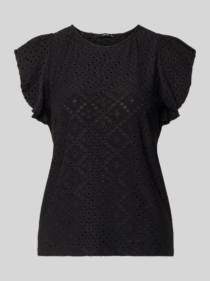 Produktfoto, Damen T-Shirt von Vero Moda, Regular Fit, Modell 'TASSA', Optik: Unifarben, Rundhals-Ausschnitt, Kurzarm mit Frill, Materialverarbeitung: Stretch, feine Lochstruktur, schwarze Farbe