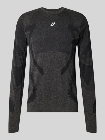Produktfoto, dunkelgraues Longsleeve mit Logo-Print und Rundhalsausschnitt von ASICS, gerader Schnitt, feine melierte Struktur, Modell 'ROAD SEAMLESS', Rückseite 70 cm bei Größe M
