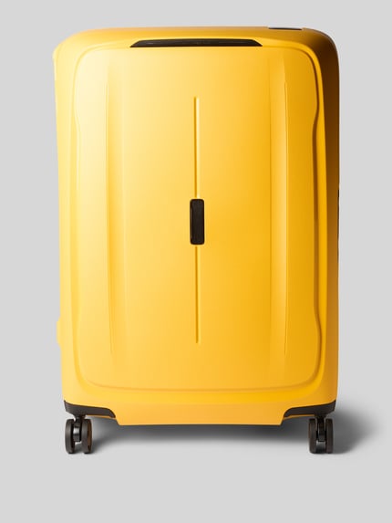 Produktfoto, Koffer mit Logo-Detail Modell 'Spinner' von Samsonite in Gelb, glatte Hardshell-Oberfläche, Rollen unten, rechteckige Form.