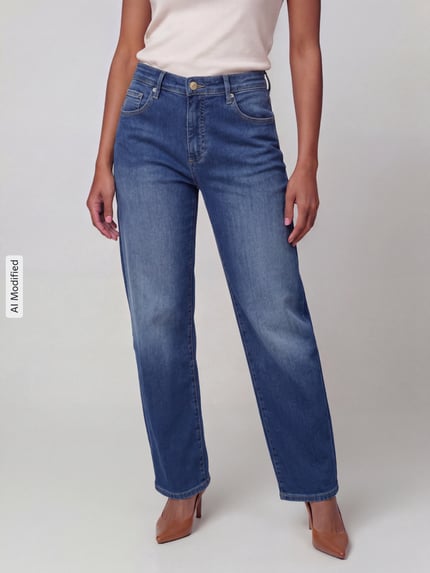 Frauenmodel trägt Loose Fit Barrel Jeans aus Baumwoll-Mix mit Modal-Anteil Modell 'DANNI' von MAC, Damen Barrel Jeans, Ganzkörperansicht von vorne, KI-modifiziertes Bild.