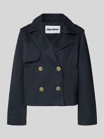 Produktfoto, Regular Fit Trenchcoat mit Umlegekragen von Review in Dunkelblau, Baumwolle, zweireihige Knopfleiste, Eingrifftaschen, glatte Textur