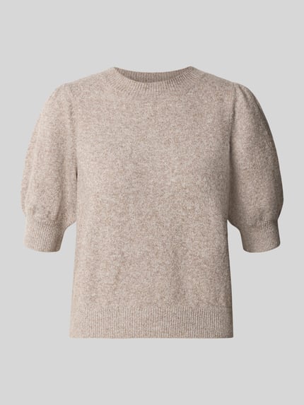 Produktfoto, Regular Fit Pullover mit Rundhals Ausschnitt von VERO MODA in hellbeigem Melange, strukturierte Strickoptik, kurze Ärmel.