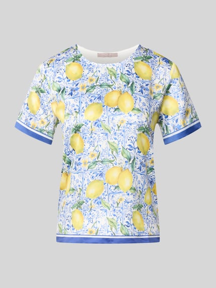 Produktfoto, Blusenshirt aus Satin im Allover-Look von Christian Berg Woman, buntes Zitronenmuster, Regular-Fit, Rundhalsausschnitt
