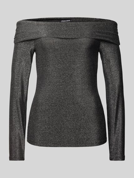 PIECES Slim Fit Langarmshirt mit Glitzer-Effekt und Off-Shoulder-Arm Modell 'SANDRA' Anthrazit 2