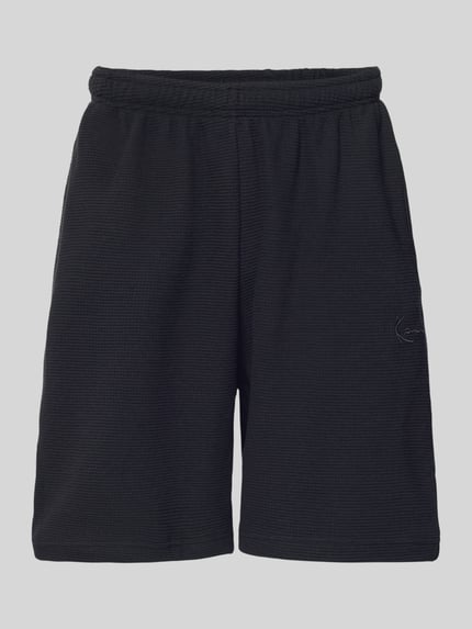 Produktfoto, Regular Fit Shorts mit elastischem Bund van KARL KANI in zwart met structuurpatroon, puur katoen, bandwijdte maat M 35 cm, binnenbeenlengte 20 cm.