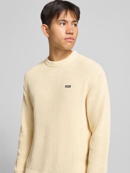 Männermodel trägt Regular Fit Strickpullover aus Baumwoll-Mix mit Label-Patch von REVIEW in Strick-Optik, Nahaufnahme Oberkörper.
