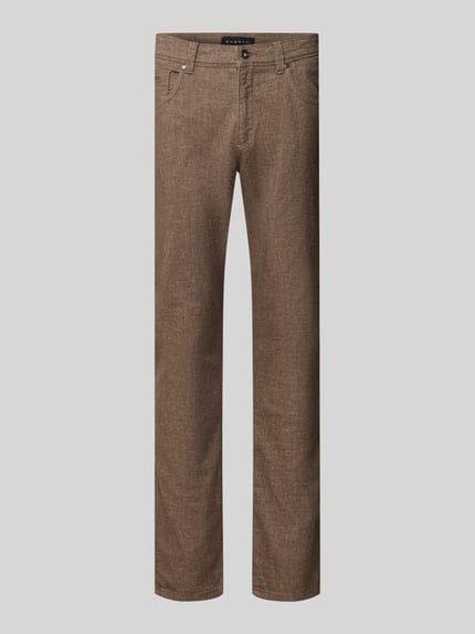 Produktfoto, Regular Fit Hose aus Baumwoll-Mix mit Viskose-Anteil Modell 'Cordoba' von bugatti, brązowy kolor, struktura materiału, kieszenie ukośne, krój regular fit, szerokość w rozmiarze 32/32: 42 cm, długość nogawki wewnętrznej w rozmiarze 32/32: 82 cm