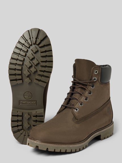 Produktfoto, Boots aus echtem Leder mit Label-Prägung von Timberland w kolorze brązowym, zaokrąglony krój, wiązanie, profilowana podeszwa, Wysokość obcasa: 4 cm w rozmiarze 44, Wysokość cholewki: 16 cm w rozmiarze 44, Szerokość cholewki: 11 cm w rozmiarze 44