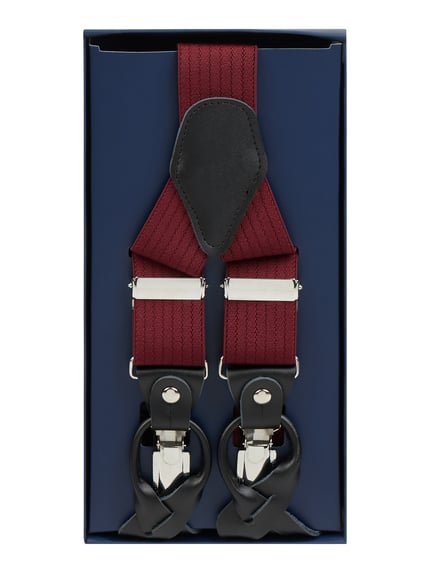 Produktfoto, Längenverstellbare Hosenträger in Y-Form von Willen aus Material-Mix mit Stretch-Anteil, Breite 3,5 cm, weinrot mit schwarzen Lederdetails