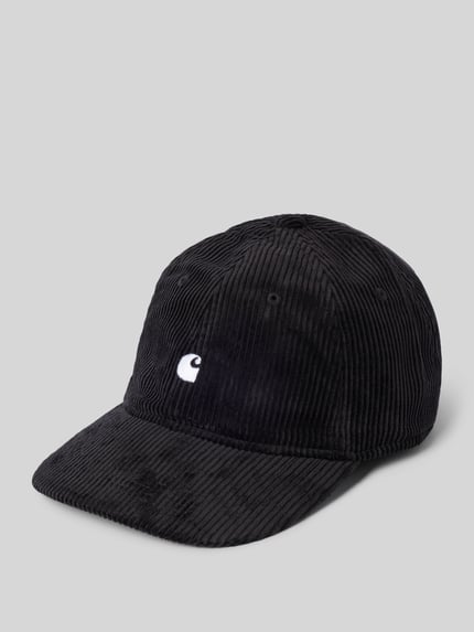 Produktfoto, Basecap mit Logo-Stitching Modell 'Harlem' von Carhartt Work In Progress aus schwarzer Baumwolle mit verstärktem Schirm, eingestickte Luftlöcher und verstellbarem Riegel, Cord-Oberfläche