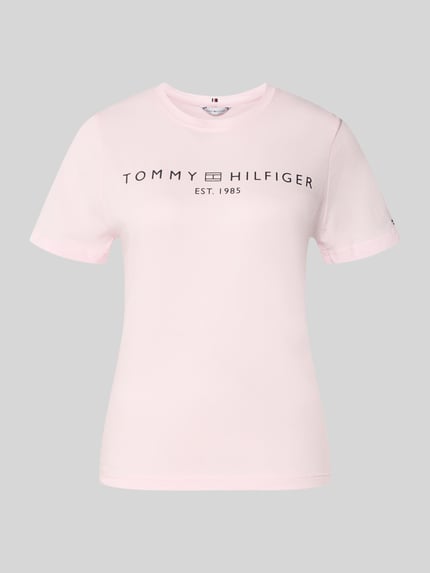 Produktfoto, Regular Fit T-Shirt aus reiner Baumwolle von Tommy Hilfiger in Rosa, unifarben, Logo-Detail und Label-Schriftzug, Jerseystruktur