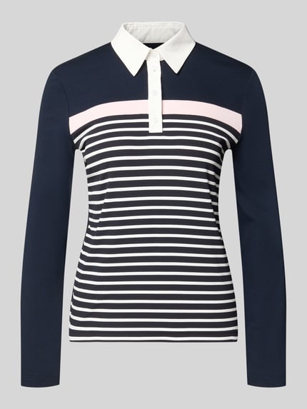 Produktfoto, Slim Fit Poloshirt aus mieszanka bawełny von Marc Cain, kołnierzyk polo, z długim rękawem, długość tyłu w rozmiarze 36: 56 cm, granatowy, biały, różowy, poziome paski