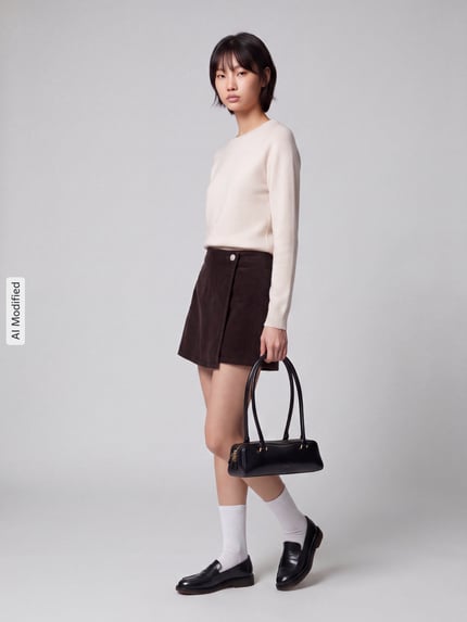 Modelka prezentuje Regular Fit Short-Rock aus Baumwoll-Mix Model 'ZEVA' von ONLY, jednokolorowa brązowa spódnica sztruksowa z ozdobnym guzikiem, detal w stylu kopertowym, zamek błyskawiczny kryty, mieszanka bawełny, widok całej sylwetki z przodu, KI-modifiziertes Bild.