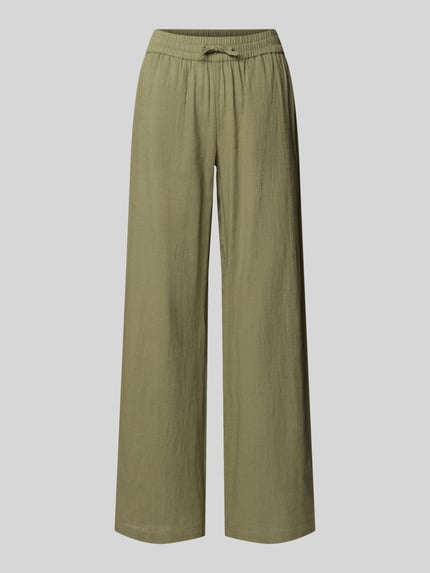 Produktfoto, Weite Hose aus Baumwoll-Leinen-Mix Modell 'CAIA' von Vero Moda in Uni-Optik, Wide Leg, Tunnelzug und elastischem Bund, seitliche Eingrifftaschen, strukturierte Oberfläche in Olivgrün.
